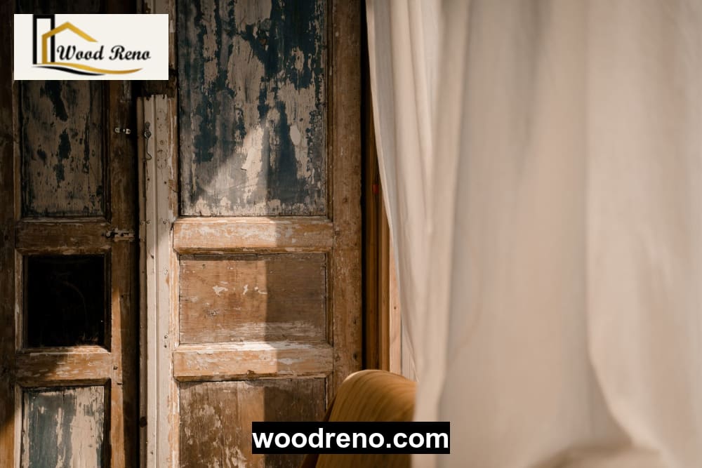 Close-up of the lower edge and frame of a wooden bathroom door