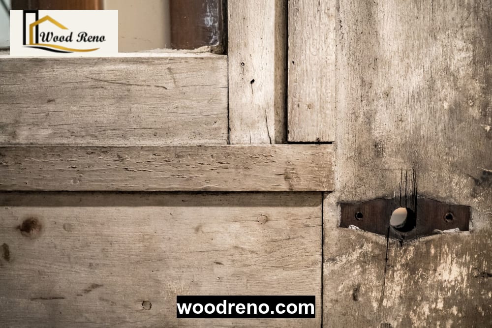Close view of a rebated wooden frame and door shutter