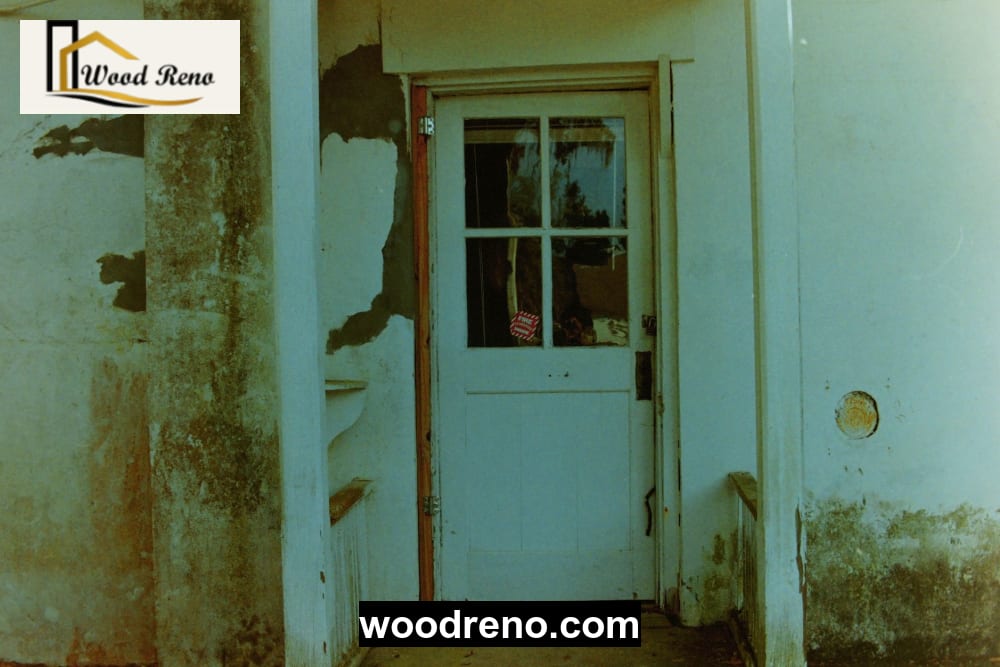 Moisture damage visible near the base of a wooden door frame