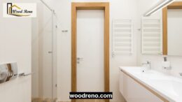 White moisture-resistant interior door at a bathroom entrance