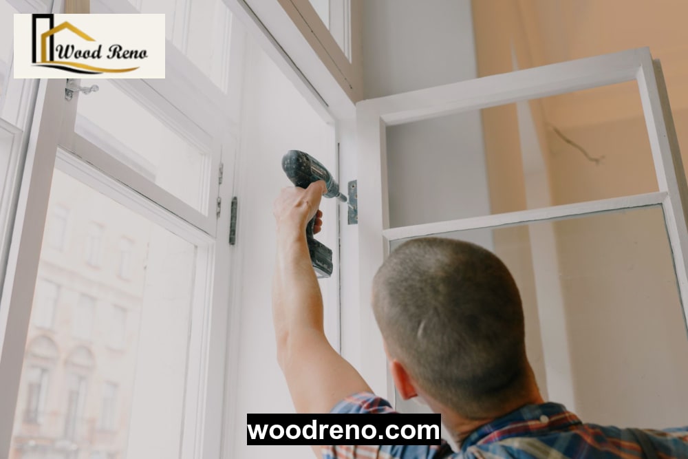 Carpenter aligning a hinge while fitting an interior door