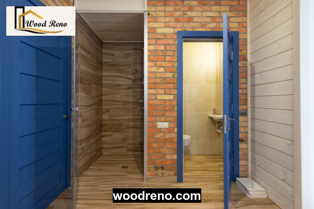 Bathroom doorway beside a modern residential interior
