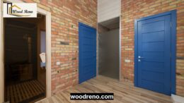 Wooden interior door beside a tiled bathroom entrance