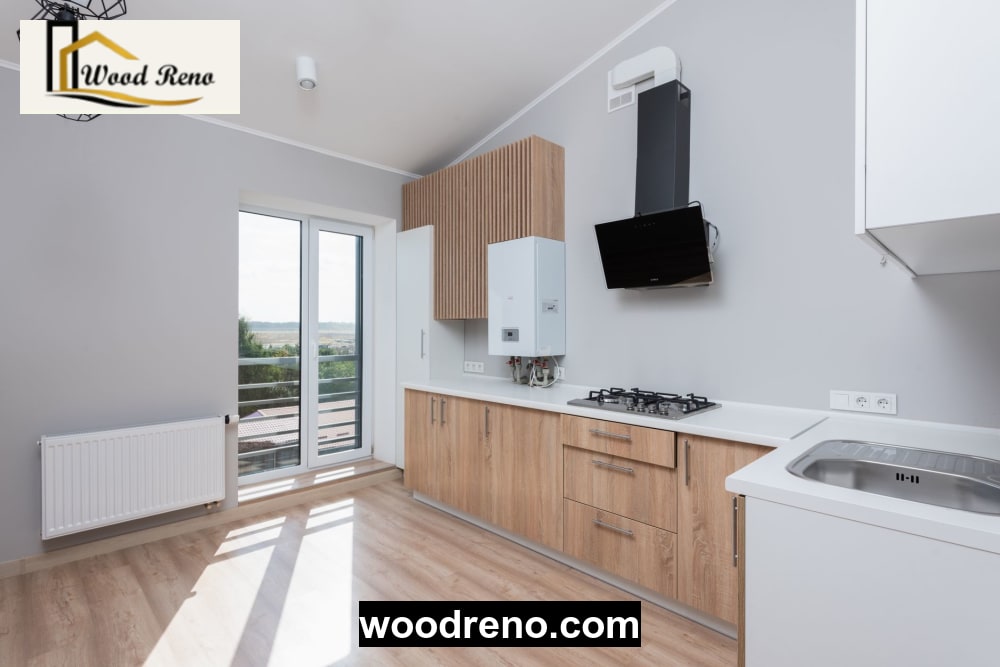 Open wood-finish kitchen cabinet showing shelves, doors and hinges